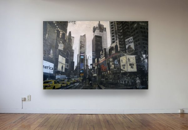 "Inside New York" mixed media and image transfer artwork exhibed on an art gallery