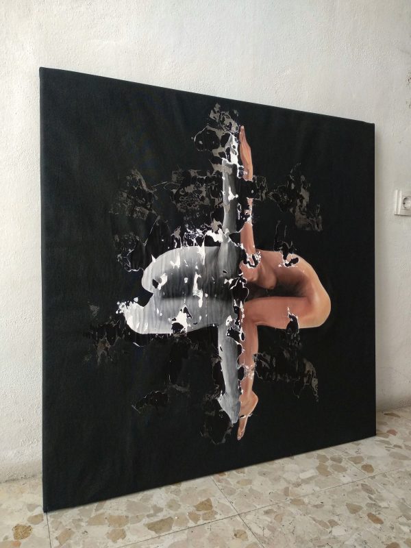 "Contorsionis" Raúl Lara mixed media artwork and image transfer on canvas on neophotorealism style at the studio