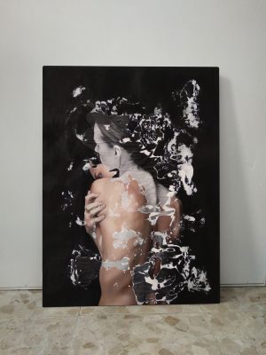 "Latebra" Raúl Lara figurative artwork and image transfer on canvas on neophotorealism style at the studio