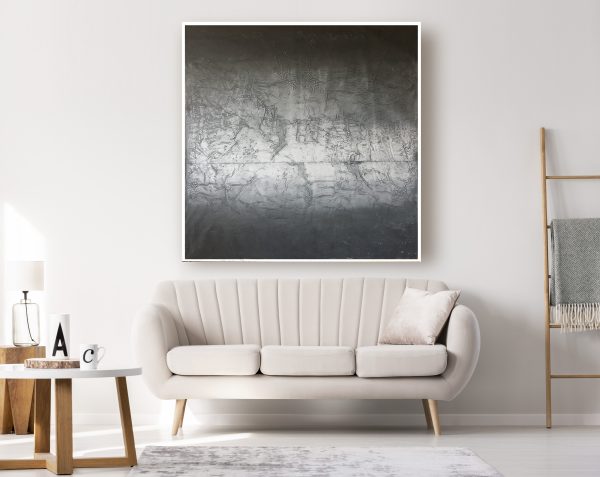 "Marina Noche" Raúl Lara 150 x 150 cms abstract painting frame in a living room with a beige sofa standing in a simple living room interior under a lamp and next to a table and ladder