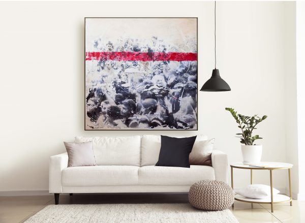 "Protesta 2" Raúl Lara modern artwork on canvas 150x150 cms framed in Interior of modern room with comfortable sofa