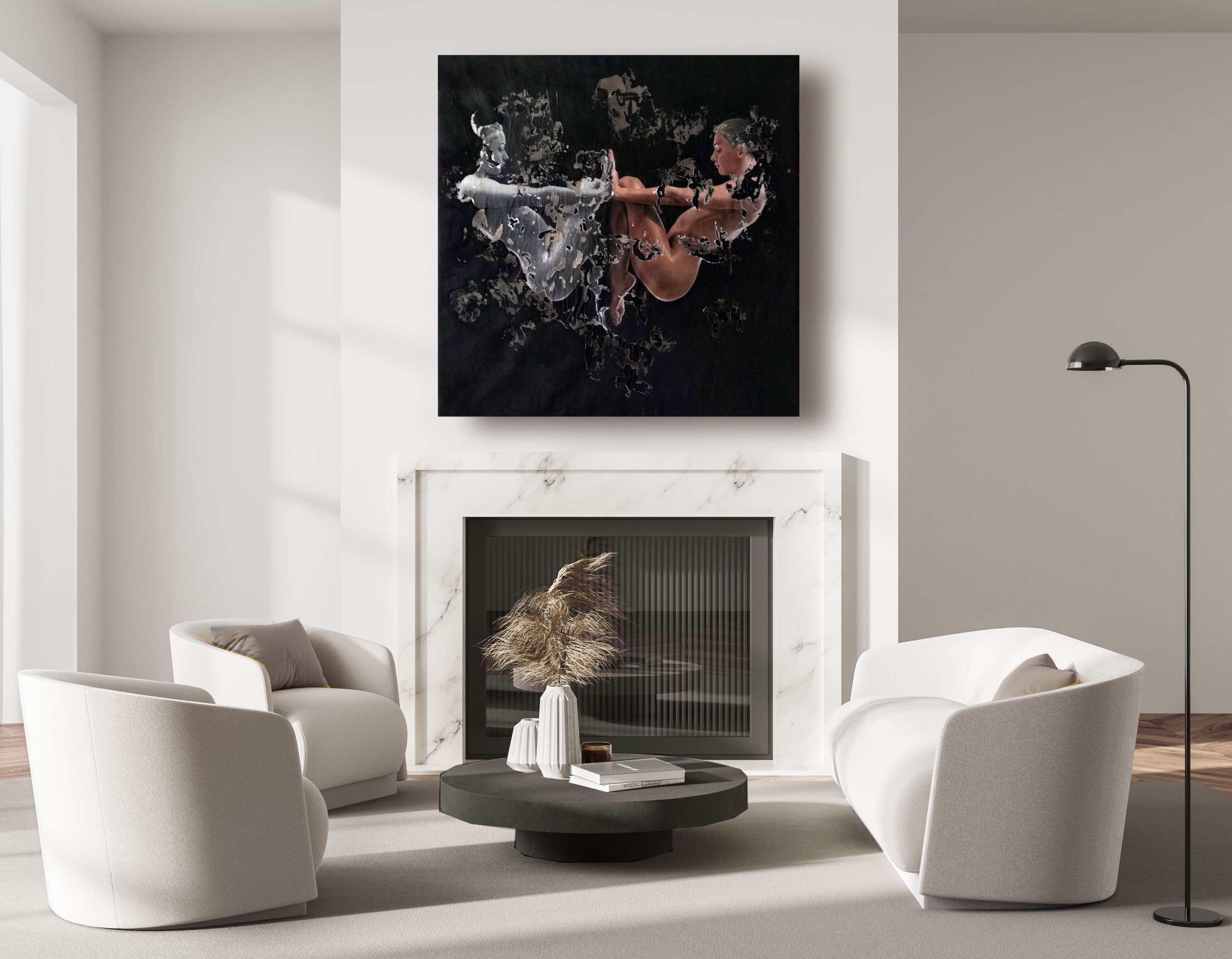 Taedium, figurative artwork in Light living room interior with fireplace, two armchairs and sofa, coffee table and lamp on parquet floor with carpet. Mockup blank frame in resting guest room, 3D rendering