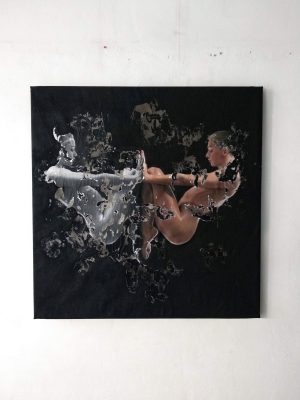"Taedium" Raúl Lara mixed media and image transfer painting on canvas on neophotorealism style framed
