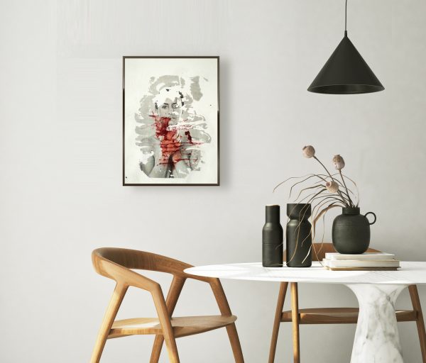 "Umbra Brunneis" image transfer on canvas framed in modern interior background, dinning room