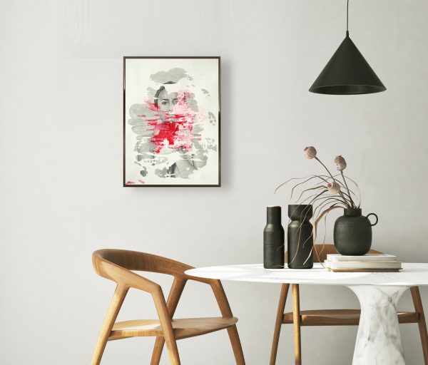 "Umbra Rubrum" image transfer on canvas framed in modern interior background, dinning room