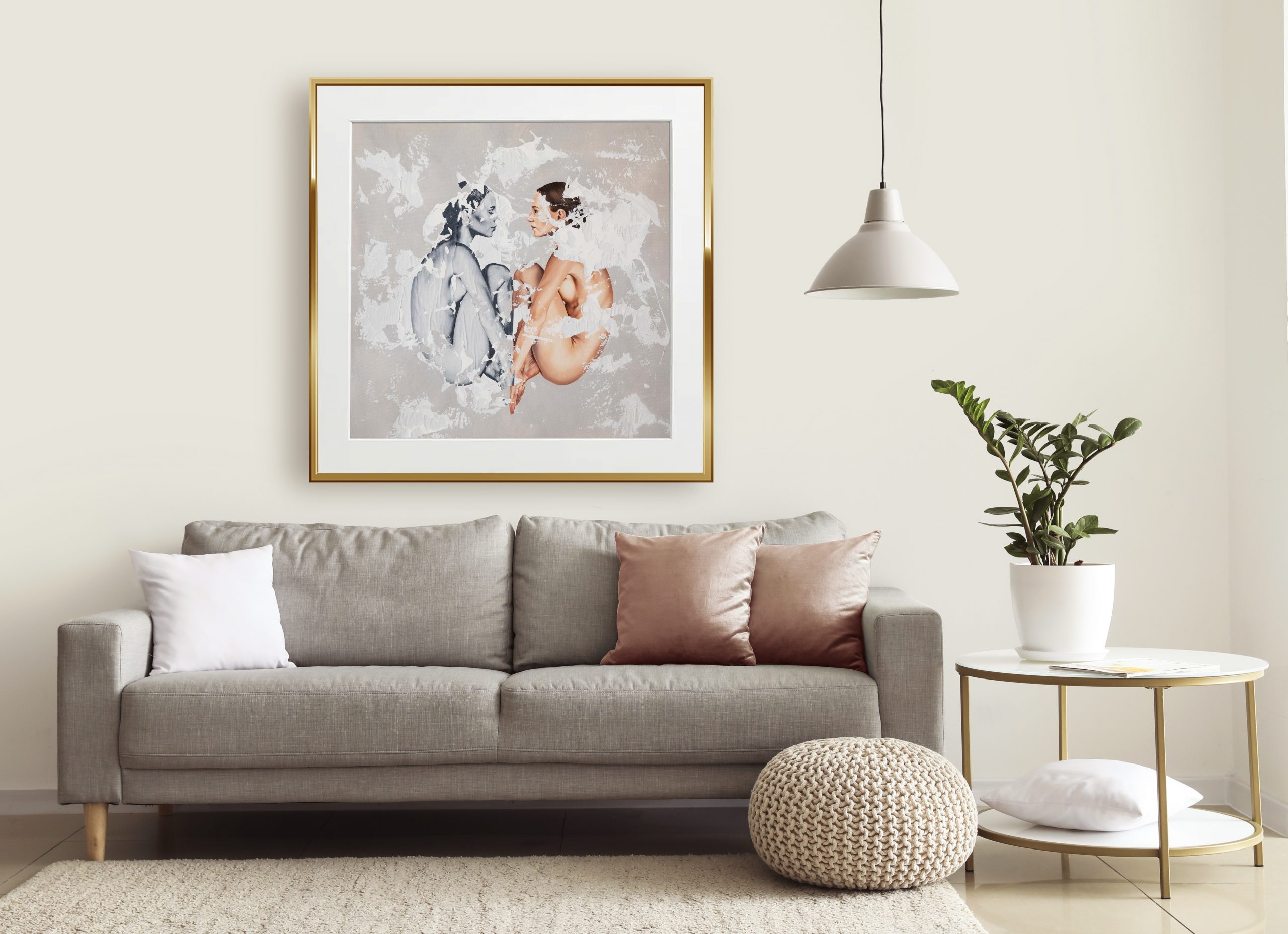 an original figurative artwork in the Interior of modern room with comfortable sofa