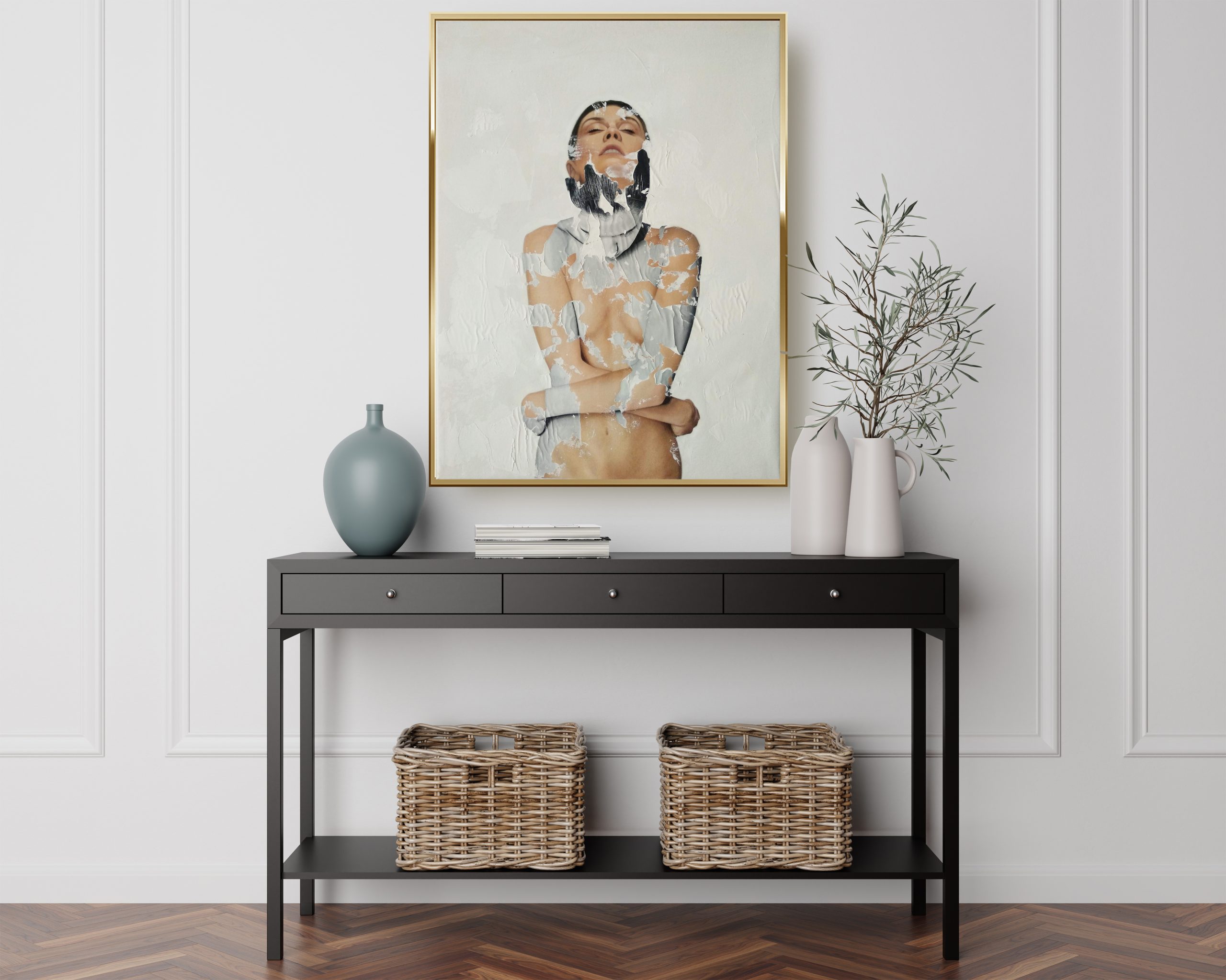 Initium mutationis Raúl Lara mixed media and image transfer on canvas in Neophotorealism style in Wood Console Cabinet Contemporary Modern Foyer Living Room Blank