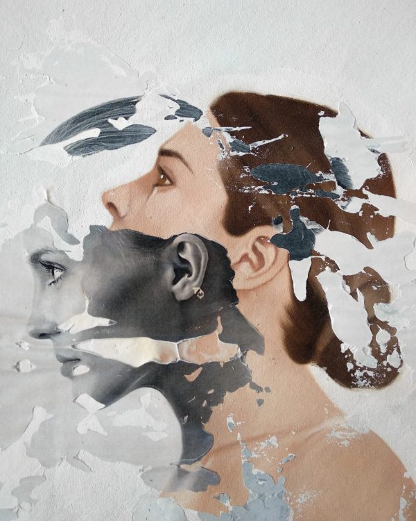 "Arbitrum" Raúl Lara figurative artwork and image transfer on canvas on neophotorealism style close up detail