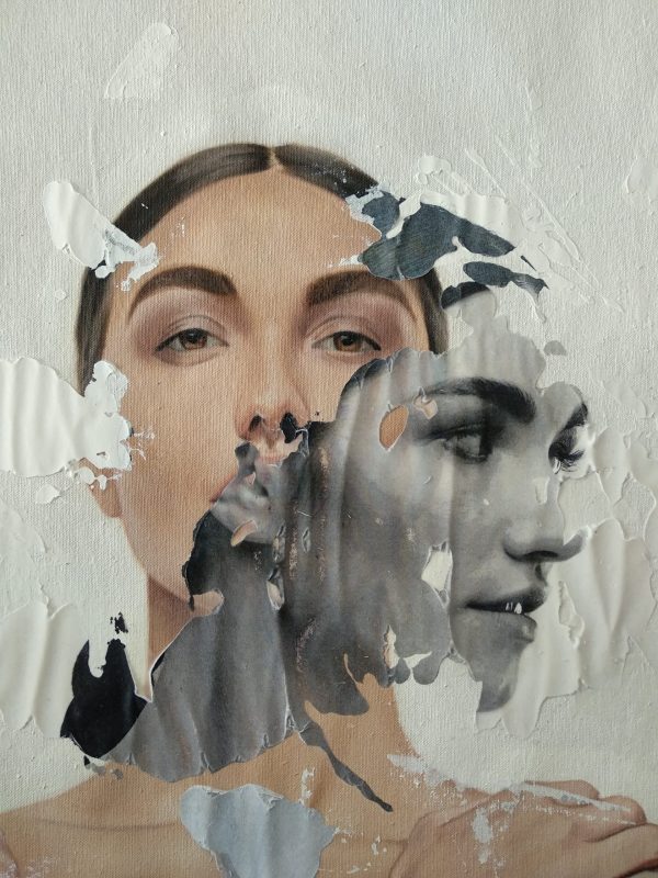 "Cor meum" Raúl Lara figurative artwork and image transfer on canvas on neophotorealism style close up detail