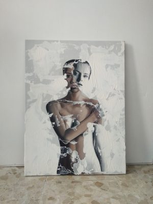 "Contritum" Raúl Lara figurative artwork and image transfer on canvas on neophotorealism style at the studio