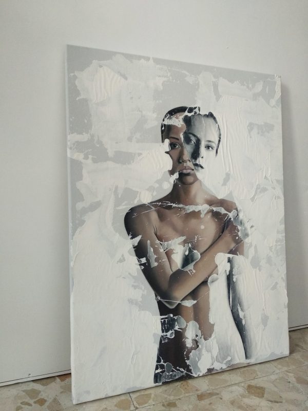 "Contritum" Raúl Lara nude figure oil painting and image transfer on canvas on neophotorealism style at the studio