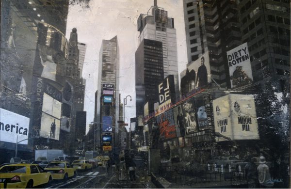 "Inside New York" acrilyc and image transfer painting on canvas by Raúl Lara 150 x 100 cms