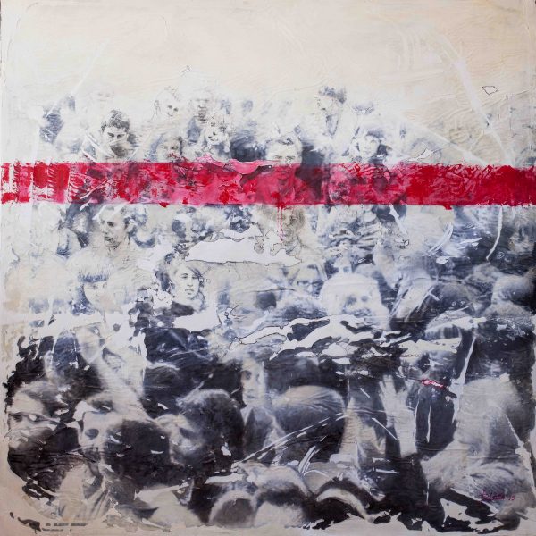 "Protesta 2" Raúl Lara modern mixed media and image transfer on canvas artwork 150x150 cms