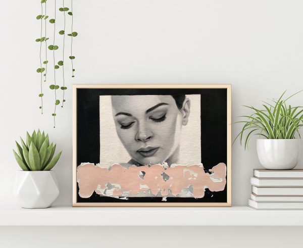"Black and white serie 11" modern portrait with pink textured line with gold metal frame standing on the table with plants in pots and pile of books on empty white wall background