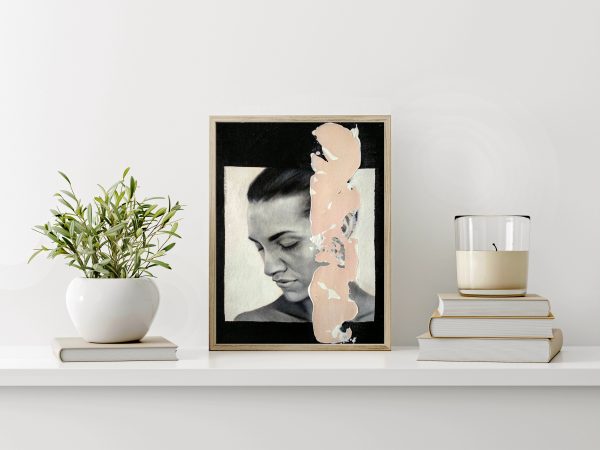 "Black and white serie 13" modern portrait with pink textured line with wooden frame with green olive twigs in vase and candle on pile of books on white wall background