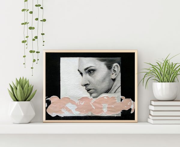 "Black and white serie 4" modern portrait with pink textured line with gold metal frame standing on the table with plants in pots and pile of books on empty white wall background