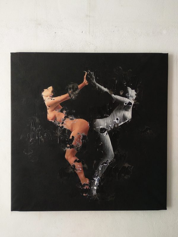 "Crucis", nude figure painting in black background framed hanging on a wall