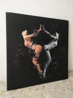 "Crucis", nude figure artwork in black background framed at the studio