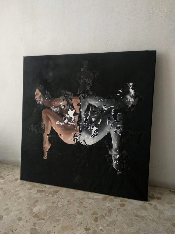 "Dolor" Raúl Lara oil painting artwork and image transfer on canvas on neophotorealism style at the studio