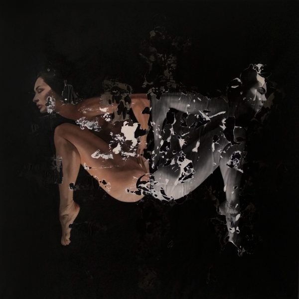 "Dolor" Raúl Lara nude figure oil painting and image transfer on canvas on neophotorealism style