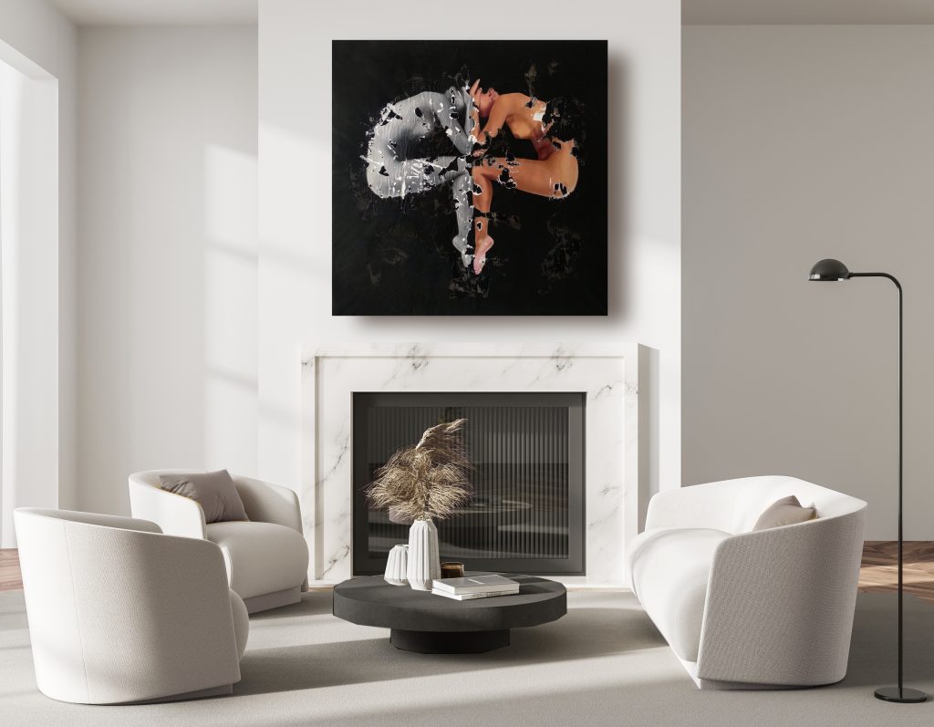"Passionis" Raul Lara artwork on Light living room interior with fireplace, two armchairs and sofa, coffee table and lamp on parquet floor with carpet.