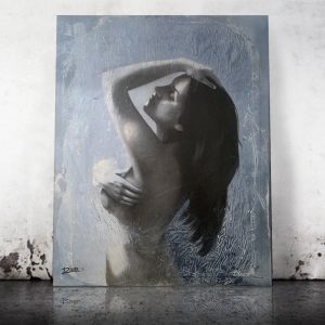 "Pose "figurative artwok of a woman by Raúl Lara framed at the studio