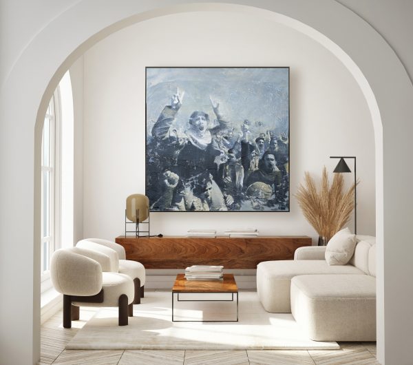 "Protesta 1" Raúl Lara artwork on canvas framed in modern interior background, living room,