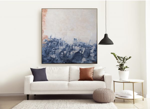 "Protesta" Raúl Lara artwork on canvas framed in Interior of modern room with comfortable sofa