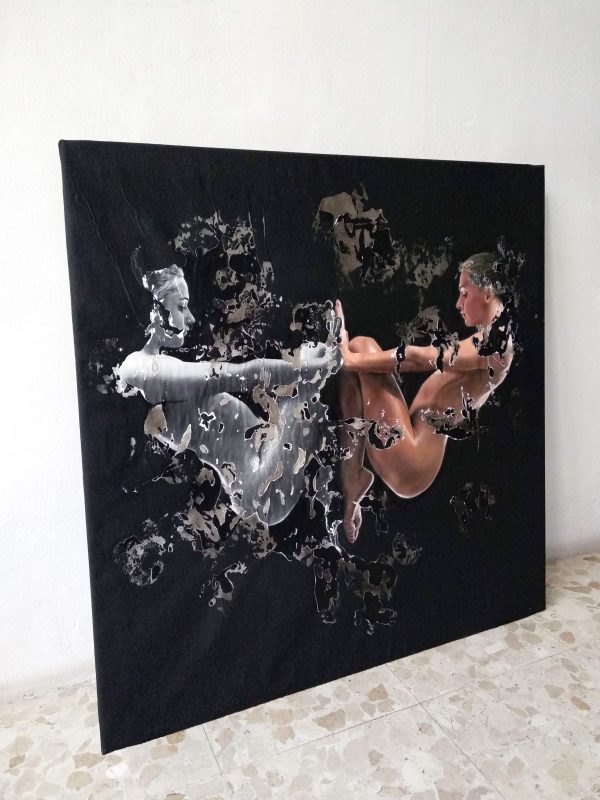 "Taedium" Raúl Lara mixed media and image transfer artwork on canvas on neophotorealism style at the studio