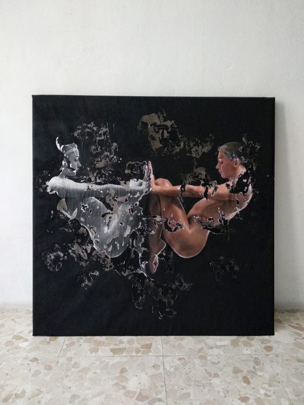 "Taedium" Raúl Lara oil painting artwork and image transfer on canvas on neophotorealism style at the studio