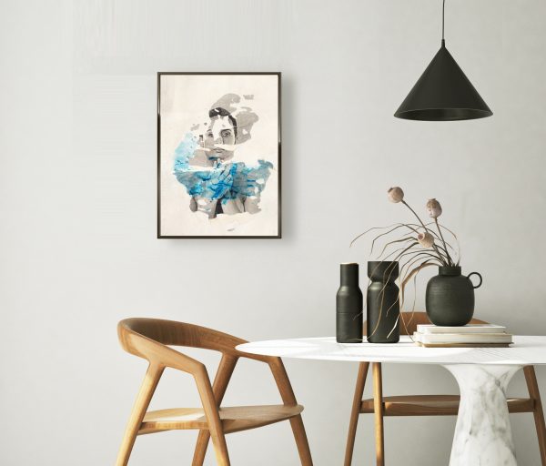 "Umbra Caeruleum" image transfer on canvas framed in modern interior background, dinning room