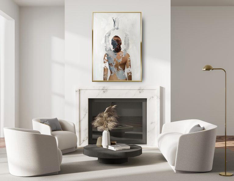 "Ascensionem" Raúl Lara neophotorealism painting in Light living room interior with fireplace, two armchairs and sofa, coffee table and lamp on parquet floor with carpet. Mockup blank frame in resting guest room,