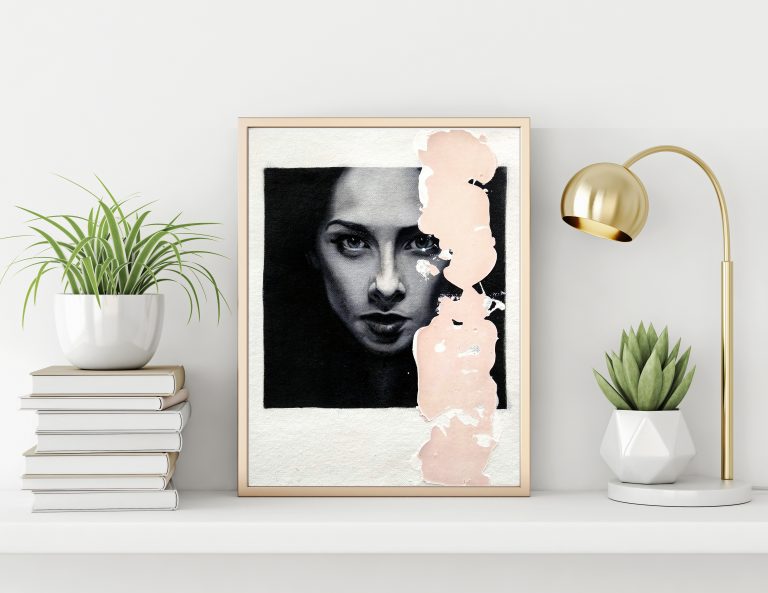 Raúl Lara portrait painting "black and white serie 7 framed with vertical gold metal frame standing on the table with succulent plant, lamp and pile of books on empty white wall background. 3D rendering, illustration.