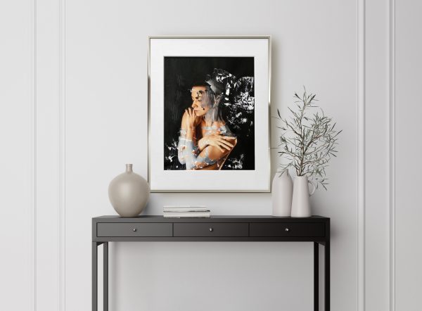 "Gelidus"Raúl Lara neophotorealism figuraive artwork framed on Wood Console Cabinet Contemporary Modern Foyer Living Room Blank
