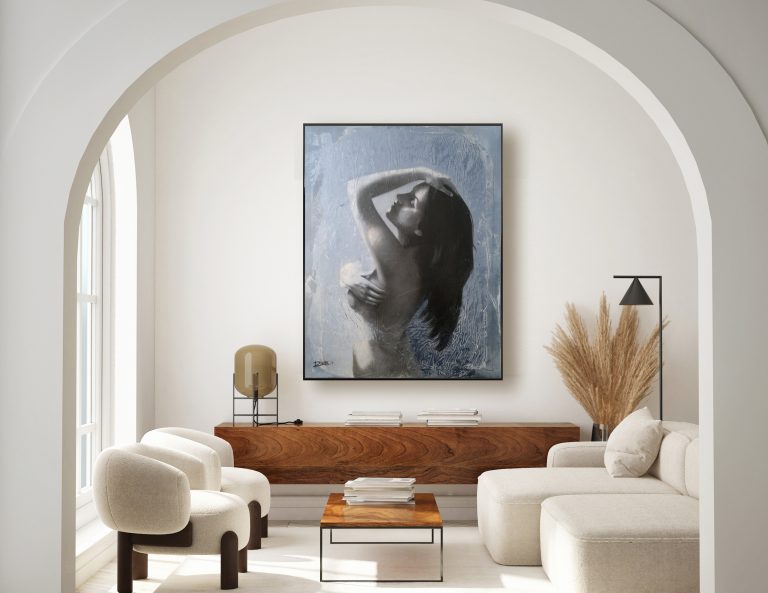"Pose" Raúl Lara figurative painting frame in modern interior background, living room,