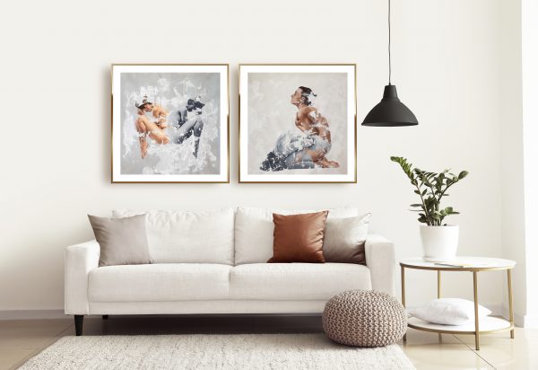 two Raúl Lara neophotorealism figurative signed edition art prints of "Receptum" and "Orationis" framed in Interior of modern room with comfortable sofa