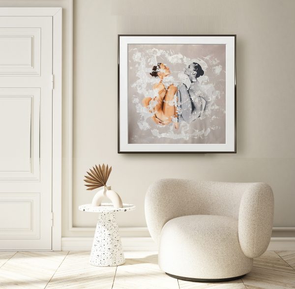 "Serenitatem" figurative signed edition print in modern interior background, living room,