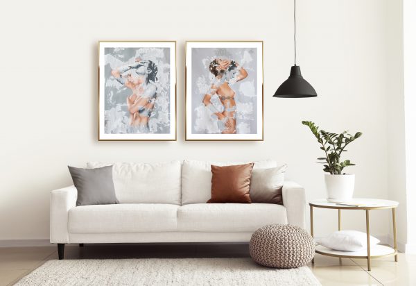 two Raúl Lara neophotorealism figurative art prints of "Tormentus Mortis" and "Silentium" framed in Interior of modern room with comfortable sofa