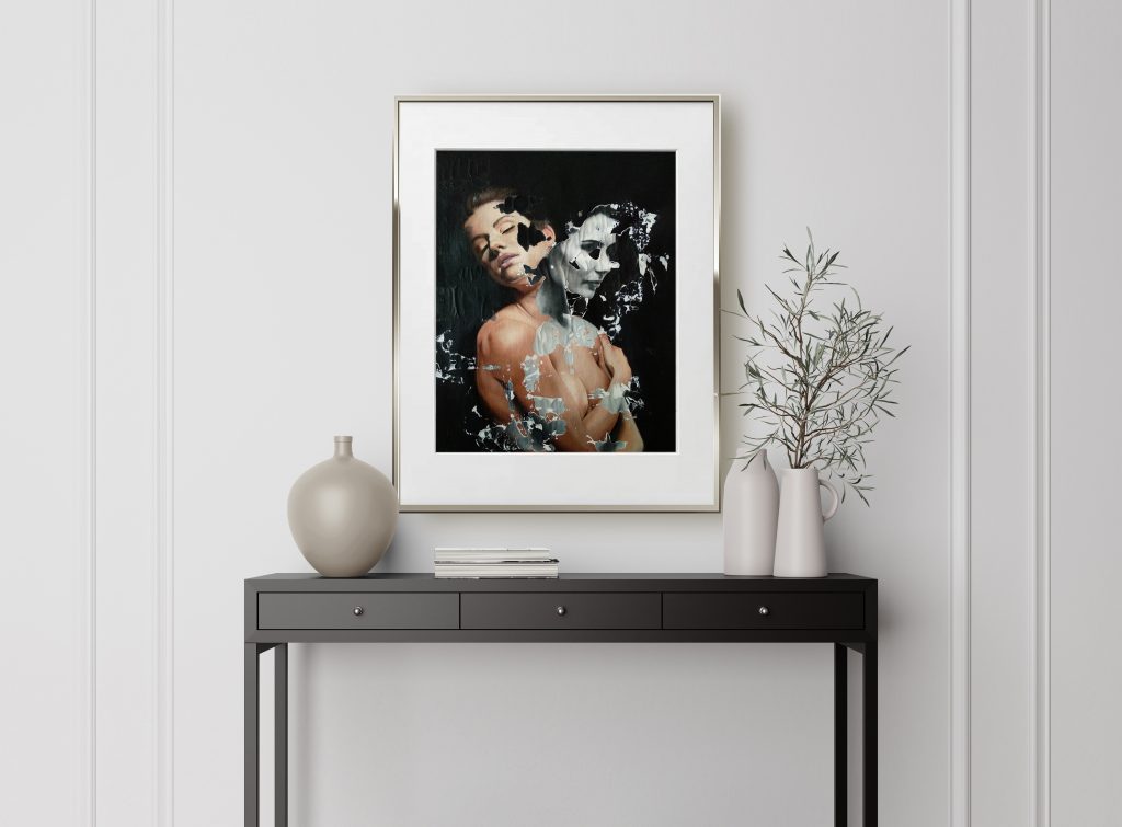 "Bicephaly" Raúl Lara art print in Wood Console Cabinet Contemporary Modern Foyer Living Room Blank