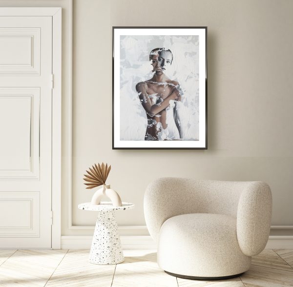 "Contritum" figurative signed edition print in modern interior background, living room,
