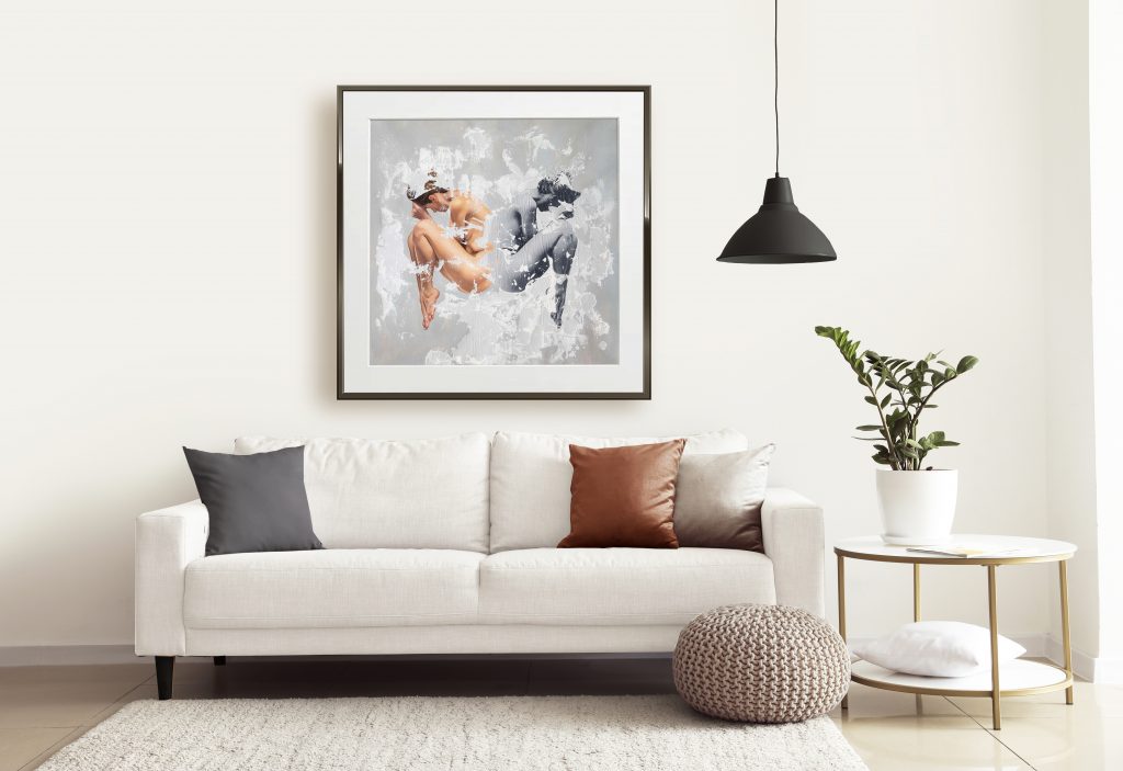 "Receptum" affordable art print in Interior of modern room with comfortable sofa