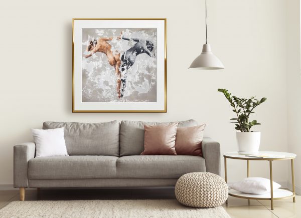"Statera" neophotorealism mixed media and image transfer on canvas painting by Raúl Lara framed in Interior of modern room with comfortable sofa
