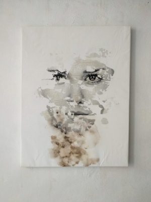 "Vultus II"Raúl Lara image transfer onto canvas black and white portrait on white background painting framed hang on a wall
