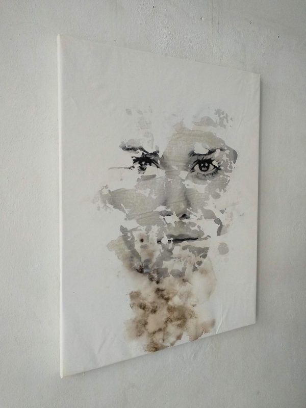 "Vultus II"Raúl Lara image transfer onto canvas black and white portrait on white background painting framed hang on a wall on perspective view