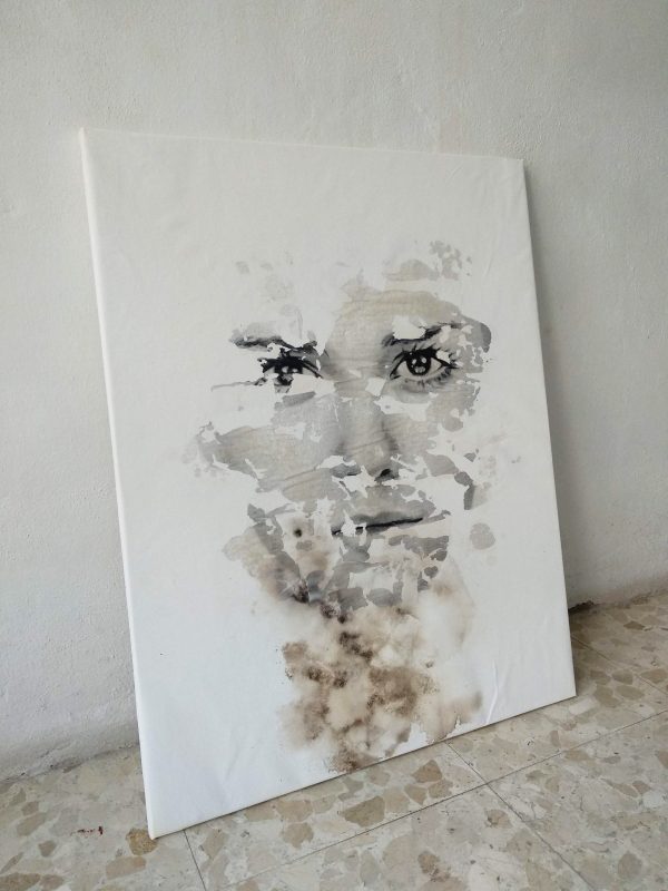 "Vultus II"Raúl Lara image transfer onto canvas black and white portrait on white background artwork at the studio