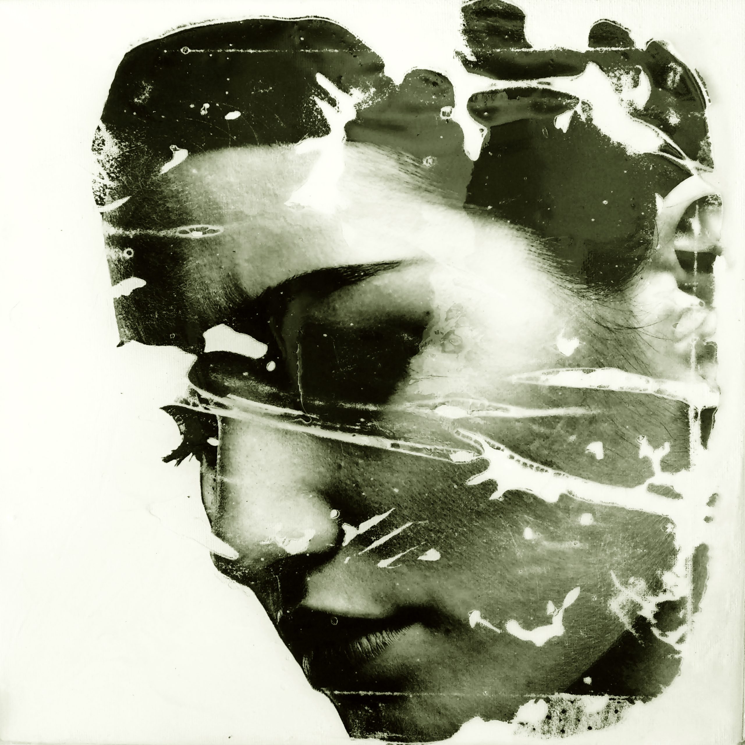 Raúl Lara image transfer and resin artwork on canvas portrait.