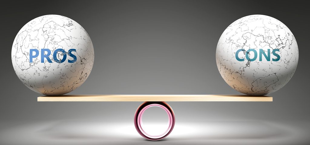Pros and cons in balance - pictured as balanced balls on scale that symbolize harmony and equity between Pros and cons that is good and beneficial., 3d illustration