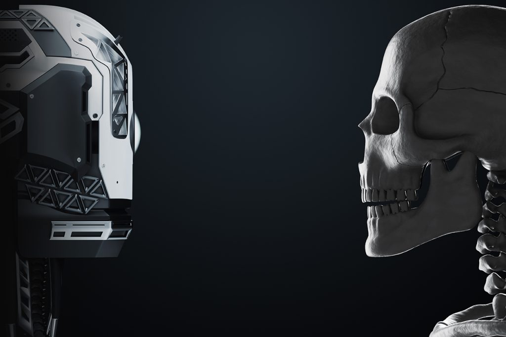 Robot vs.  human, robot head against human skull.  Concept AI art vs Human Art, 3D rendering