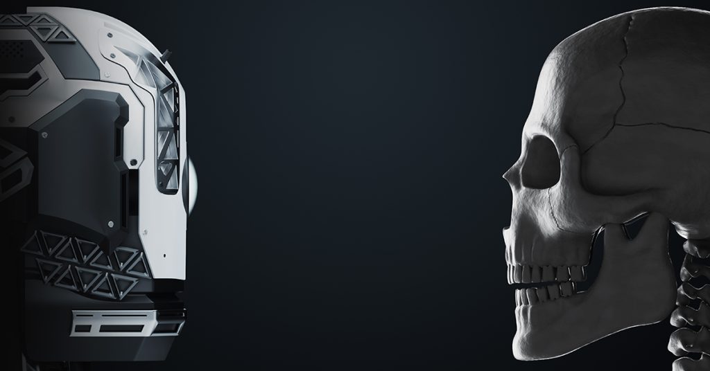 Robot vs. human, robot head against human skull. Concept Ai conflict with humanity, job cuts. 3D illustration, 3D rendering