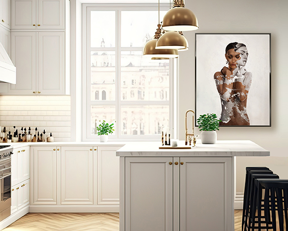 Amazing Luxury Kitchen Interior in white with wooden floor and kitchen island and a figurative artwork